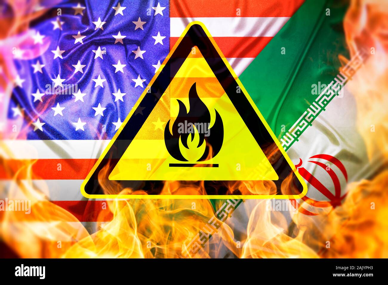 Warnzeichen vor Flaggen des Iran und der USA, US-Iran-konflikt Stockfoto