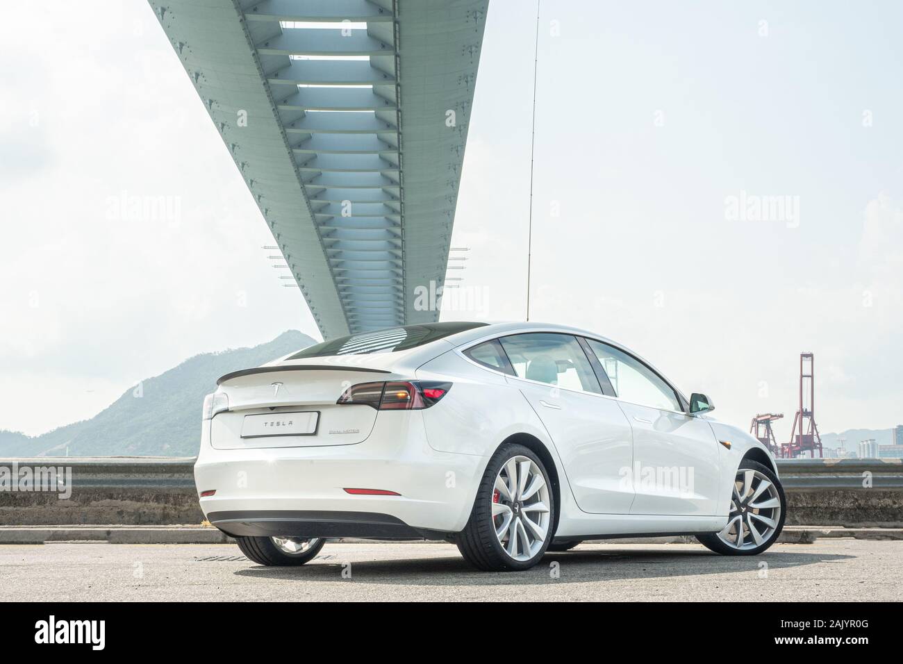 Hongkong, China Juli 2019: Tesla Model 3 Test Drive Tag am 13.August 2019 in Hongkong. Stockfoto