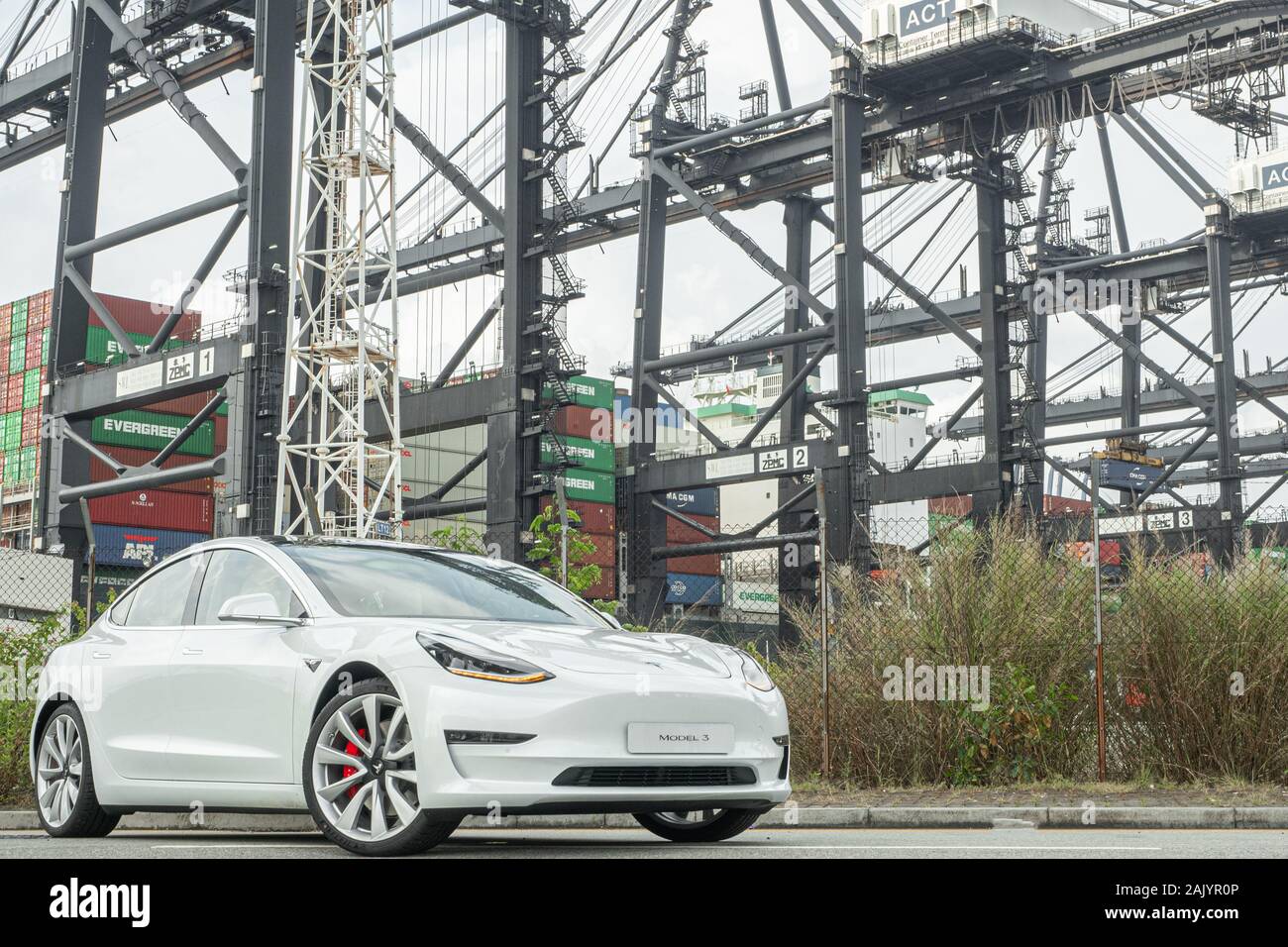 Hongkong, China Juli 2019: Tesla Model 3 Test Drive Tag am 13.August 2019 in Hongkong. Stockfoto