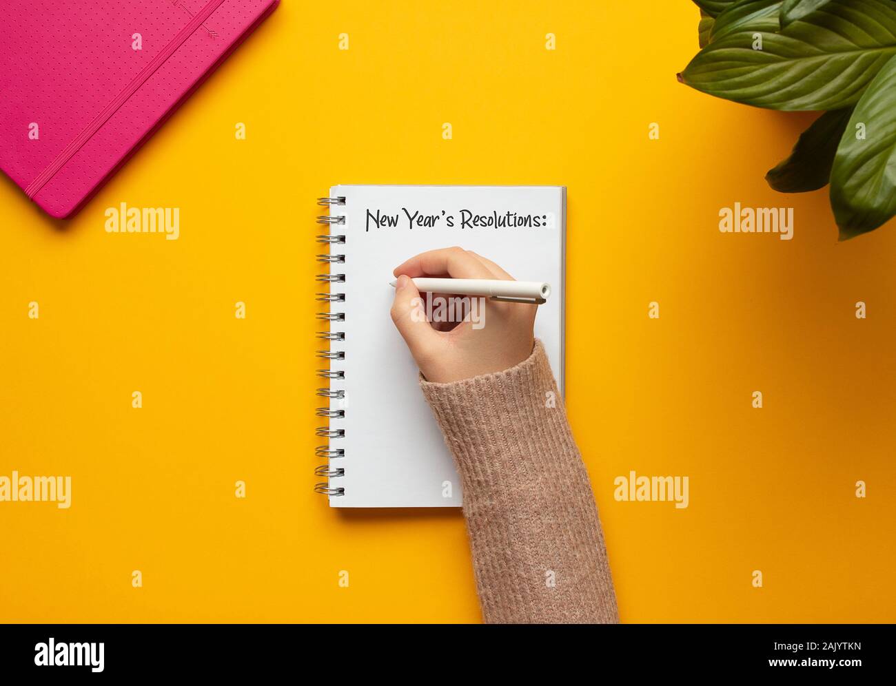 Foto einer jungen Frau Hand schreiben in einem 2020 neue Jahr Notebook mit Liste der Auflösungen und Objekte auf gelbem Hintergrund Stockfoto