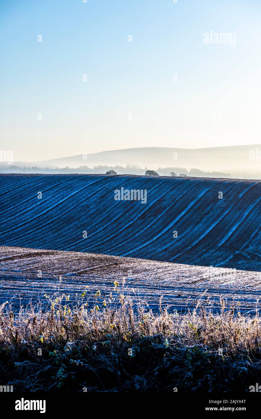 Eines gepflügten Feldes an einem frostigen Morgen bei Irthington, Cumbria GROSSBRITANNIEN Stockfoto