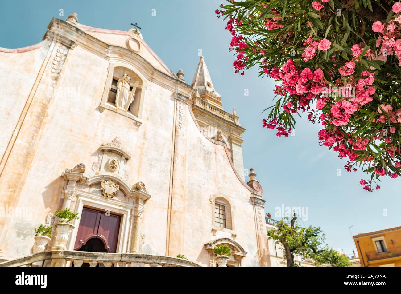 Taormina, Sizilien, Italien - 9. Juli 2019: blühende rosa Blüten vor Defokussierten Kirche St. Joseph in der Altstadt. Stockfoto