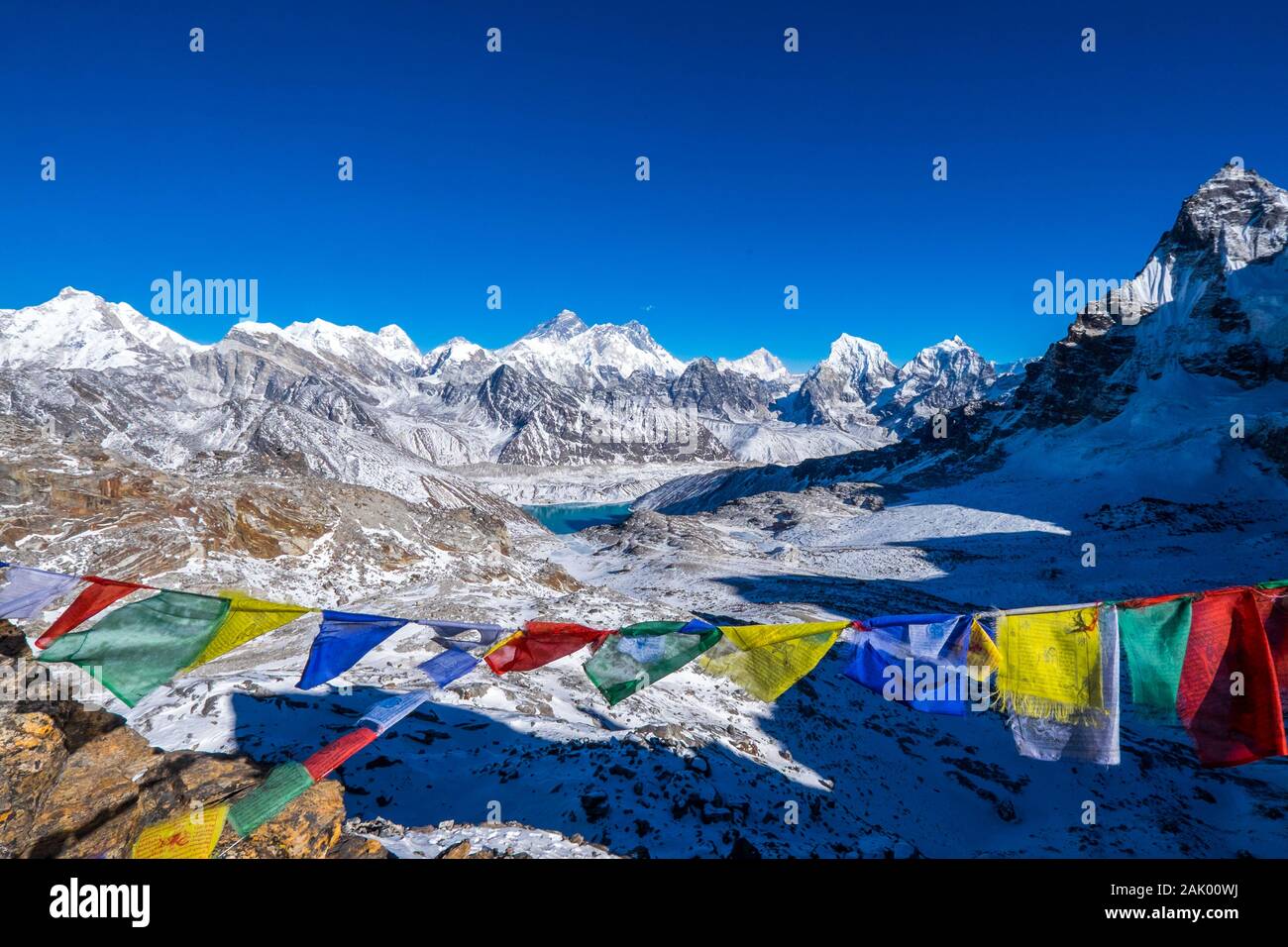 Blick vom Renjo La in Richtung Gokyo See und Everest in Nepal Himalaya Stockfoto