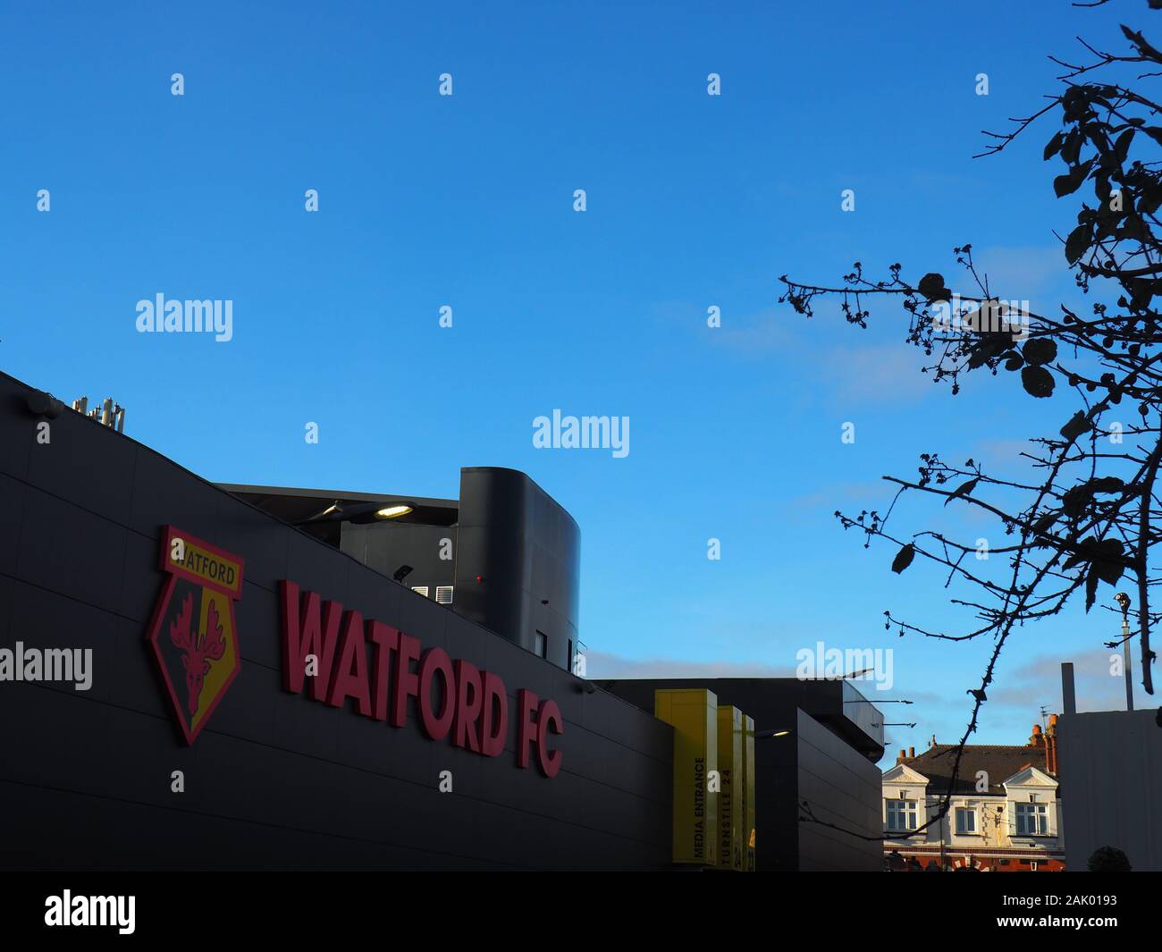 FC Watford Zeichen an der Vicarage Road - Watford Stockfoto