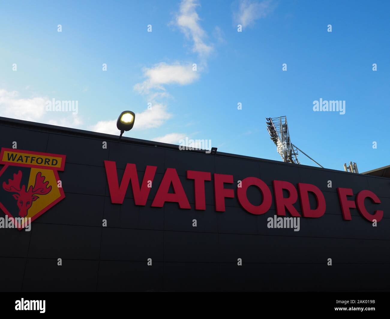 FC Watford Zeichen an der Vicarage Road - Watford Stockfoto