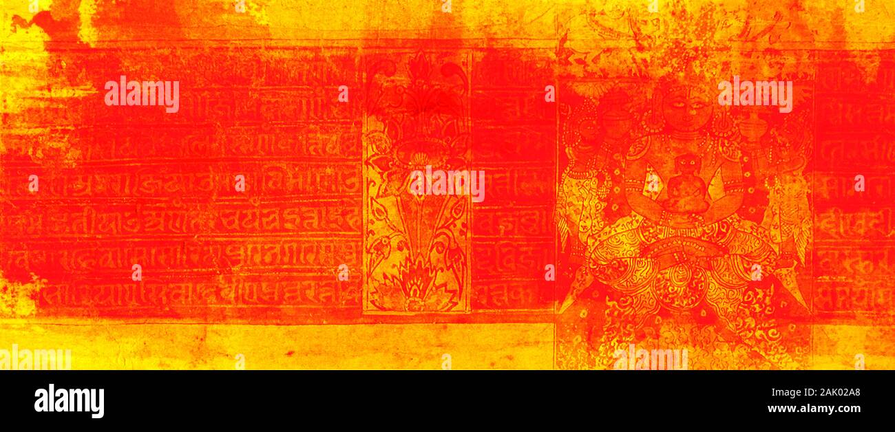 Altes Sanskrit-Mantra mit Farben und Texturen neu gemischt. Stockfoto