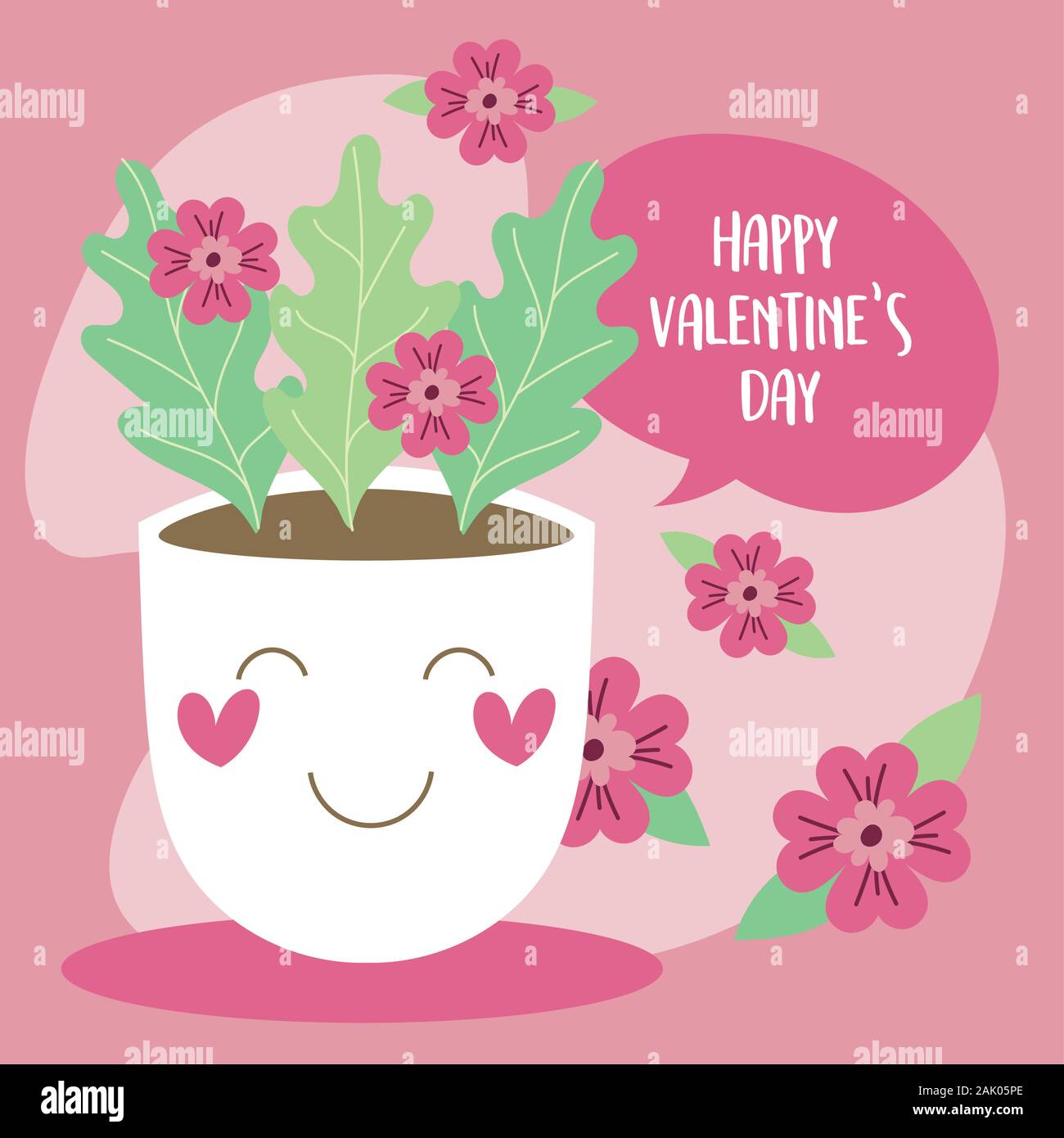Valentines Tag Karte mit Blumen im Topf Kawaii Stock Vektor
