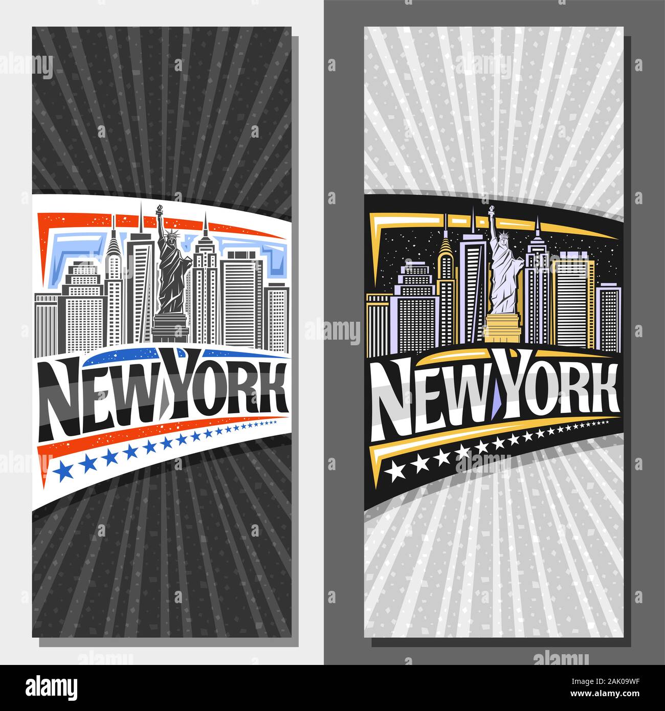 Vektor Layouts für New York City, dekorative Flyer mit Abbildung der Freiheitsstatue auf dem Hintergrund der NY Skyline in der Dämmerung, NYC art concept mit oder Stock Vektor