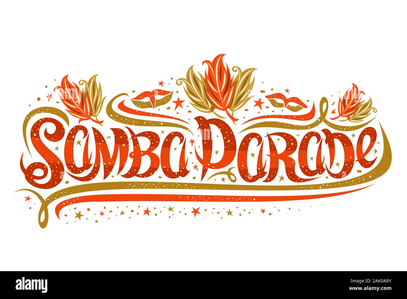 Vektor Grußkarte für Samba Parade in Rio de Janeiro, dekorative Einladung für brasilianische Show mit blüht und Vogelfedern, original Pinsel sc Stock Vektor