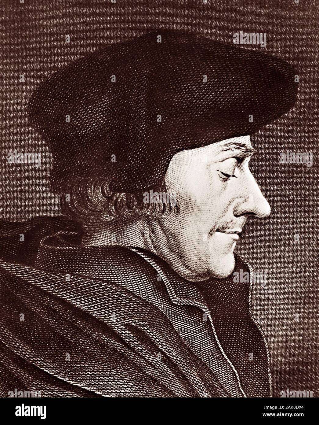 Gravieren von Desiderius Erasmus Roterodamus (1466-1536), in der Regel bezeichnet als Erasmus von Rotterdam oder einfach Erasmus. Erasmus war ein niederländischer Philosoph, Bibelübersetzer und christlich-humanistische weithin als einer der größten Gelehrten der nördlichen Renaissance. Stockfoto