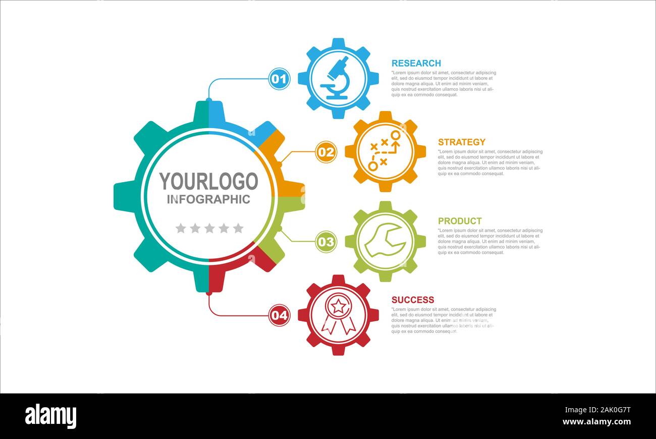 Business infografik 4 Schritte flach. Einfach Hintergrund weiss mit Zahnrädern gefärbt. Stock Vektor