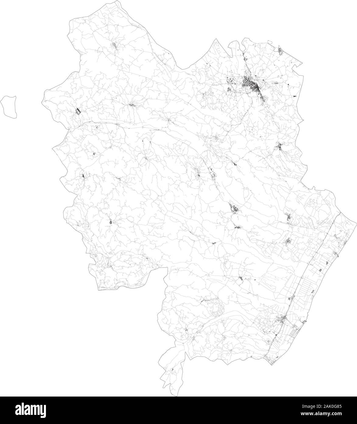 Sat-Karte der Provinz von Matera, Städte und Straßen, Gebäude und Straßen der Umgebung. Region Basilicata, Italien. Karte Straßen Stock Vektor