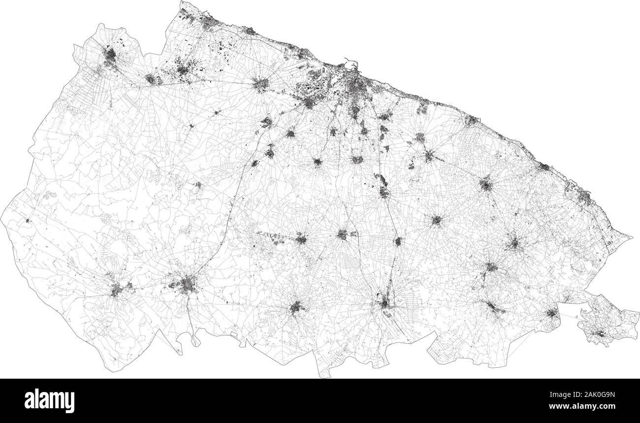 Sat-Karte der Provinz Bari Städte und Straßen, Gebäude und Straßen der Umgebung. Region Apulien, Italien. Karte Straßen, Ringstraßen Stock Vektor