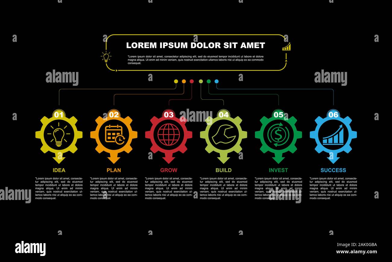 Business infografik 6 Schritt flach. Einfache Vorlage Design schwarz hintergrund Stock Vektor