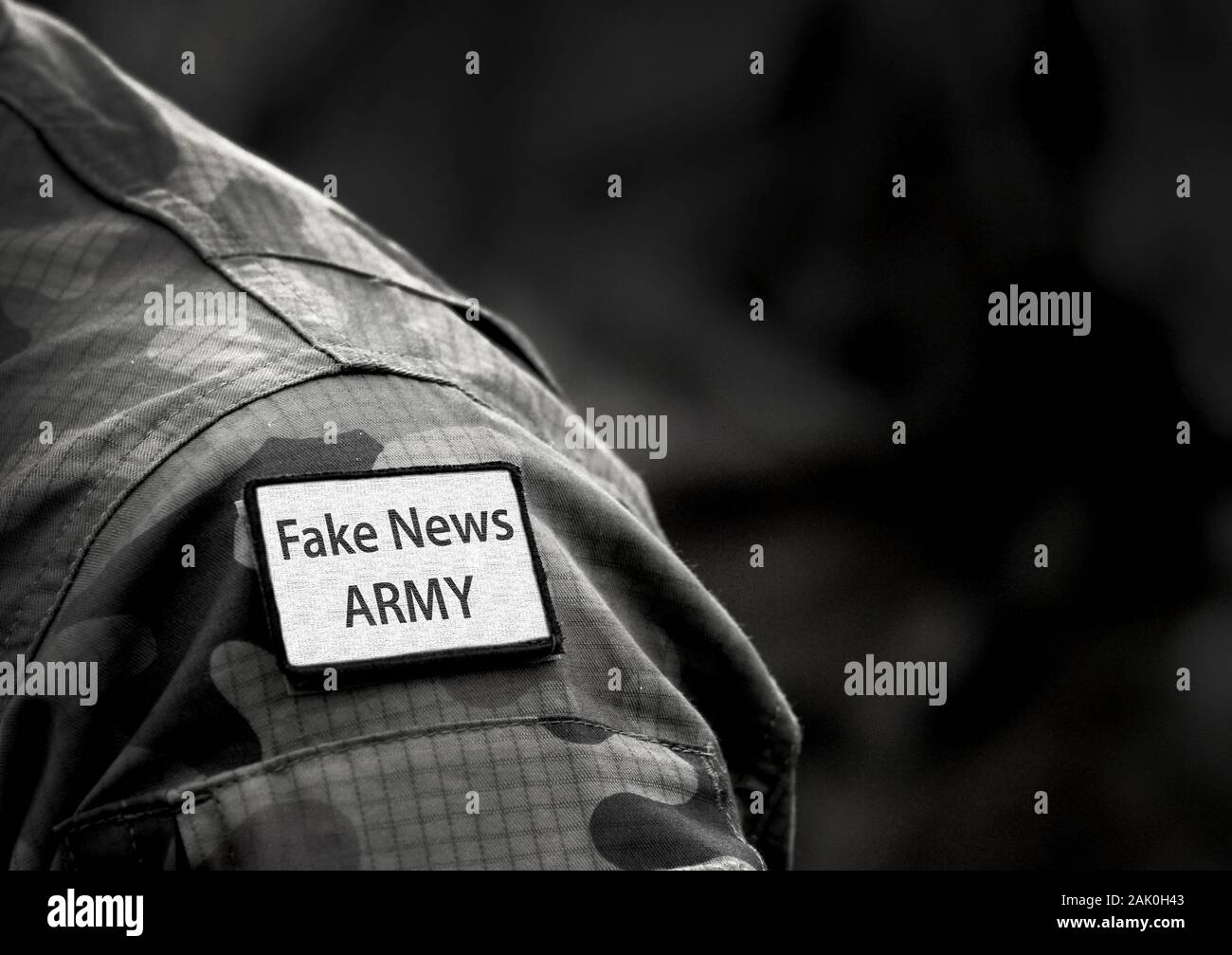 Gefälschte Nachrichten Armee. Inschrift gefälschte Nachrichten Armee in Uniform. Gefälschte Nachrichten Armee Konzept. Digitale Krieg. Stockfoto