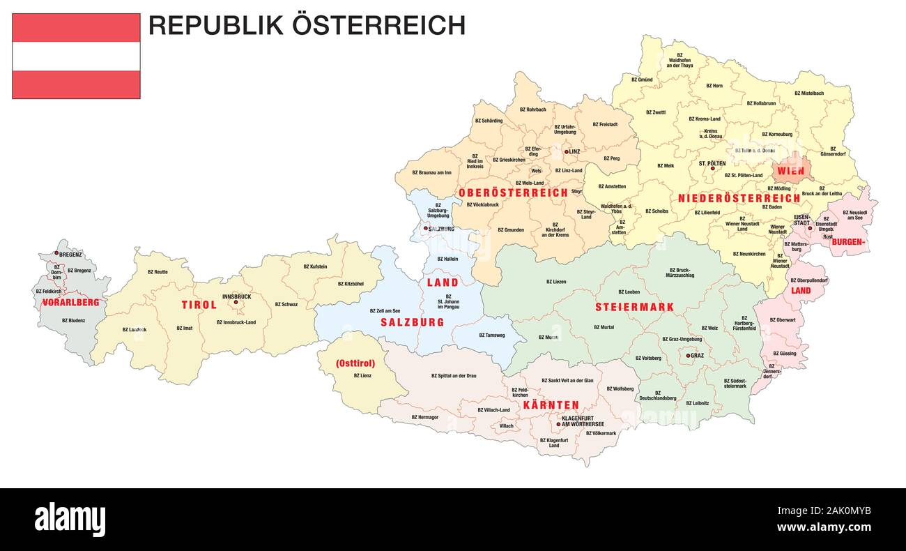 Neue administrative und politische Karte von Österreich in deutscher Sprache 2020 Stock Vektor