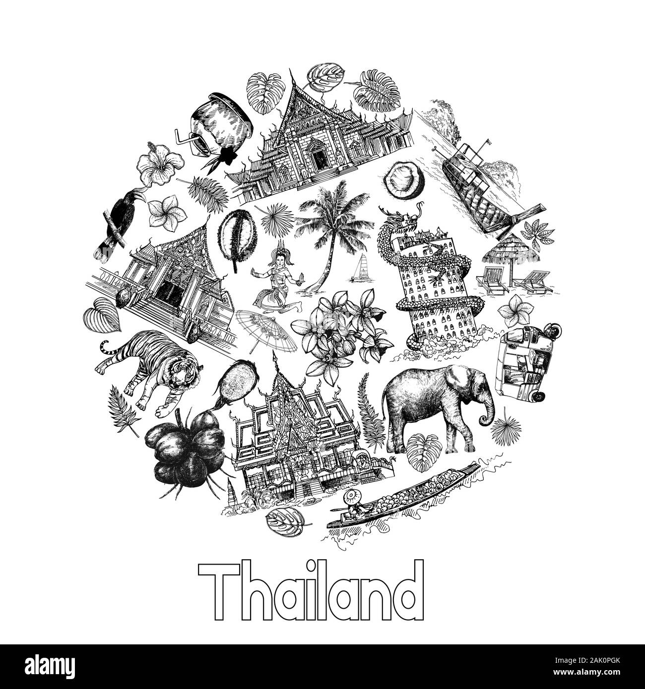 Poster Karte Zusammensetzung von Hand gezeichnete Skizze stil Thailand ähnliche Objekte auf weißem Hintergrund. Vector Illustration. Stock Vektor