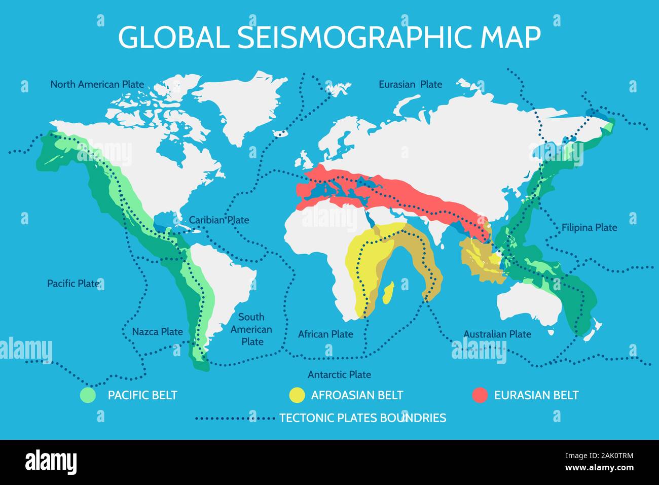 Welt seismographische Karte mit Erdbeben Pacific Afroasian und Eurasischen Riemen und der tektonischen Platten. Vector Illustration. Stock Vektor