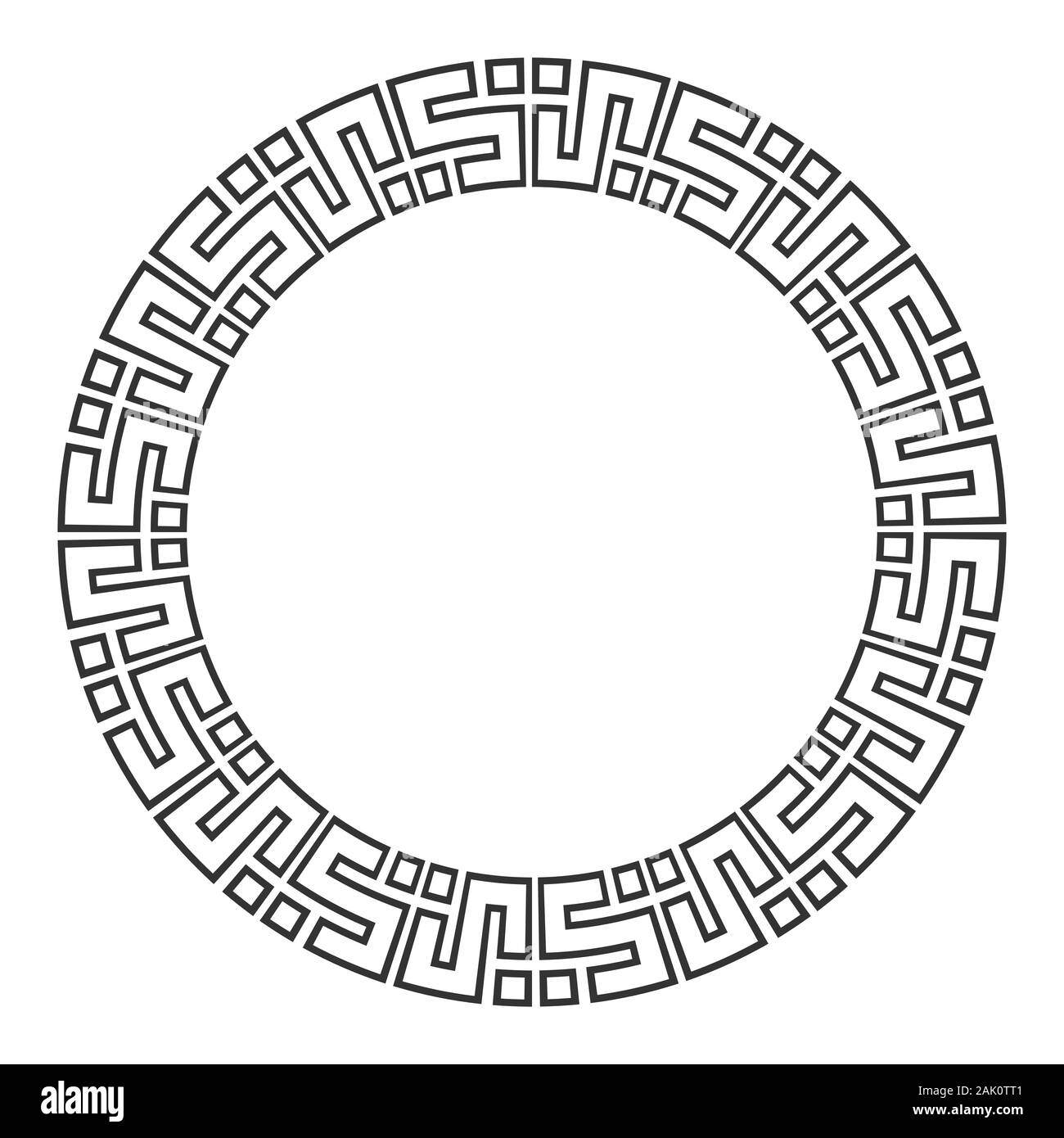 Abstrakte runde Meander, kreisförmigen Geometrisches Ornament, stilvollen Rahmen. Dekorative Muster auf weißem Hintergrund. Für Text platzieren. Vektor Schwarzweiß Stock Vektor