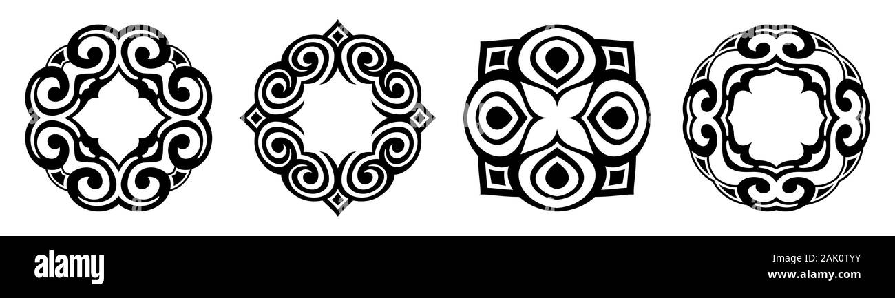 Satz von vier abstrakte runden Ornamente. Runde symmetrische Muster auf weißem Hintergrund. Vintage dekorative, antiken Elementen. Osmanische Motive. Stock Vektor