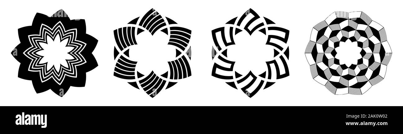 Satz von vier abstrakte runden Ornamente. Dekorative Muster auf weißem Hintergrund. Tribal ethnische Motive. Stilisierten Blumen. Schablone tattoo. Stock Vektor