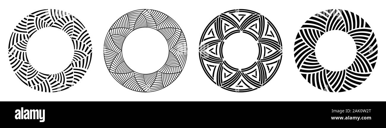 Satz von vier abstrakte runden Ornamente. Dekorative Muster auf weißem Hintergrund. Tribal ethnische Motive. Stilisierten Blumen. Schablone tattoo. Stock Vektor