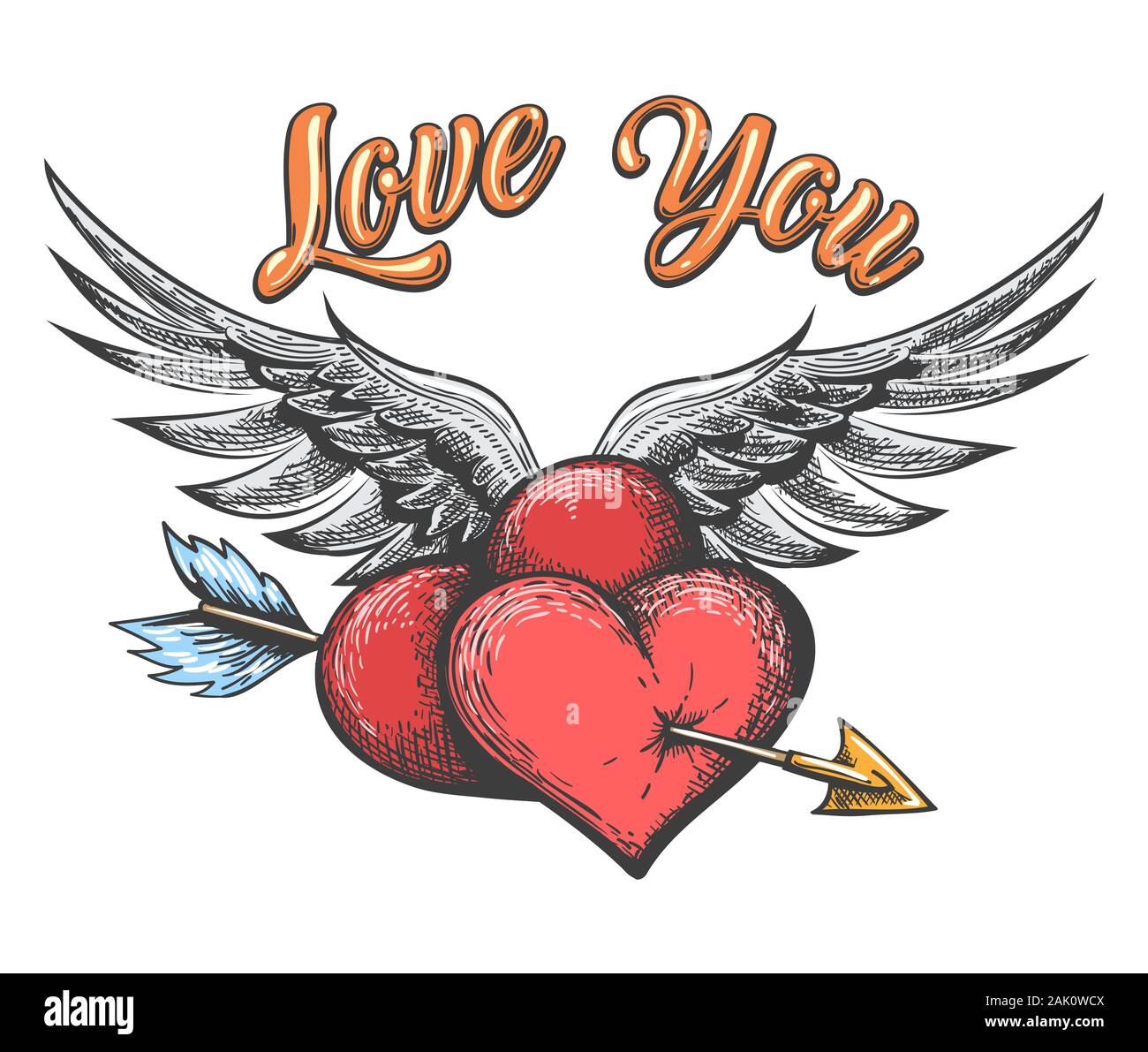Geflügelte Herzen durch Pfeil durchbohrt und Schriftzug Liebe Dich in Tattoo Stil gezeichnet. Vector Illustration. Stock Vektor