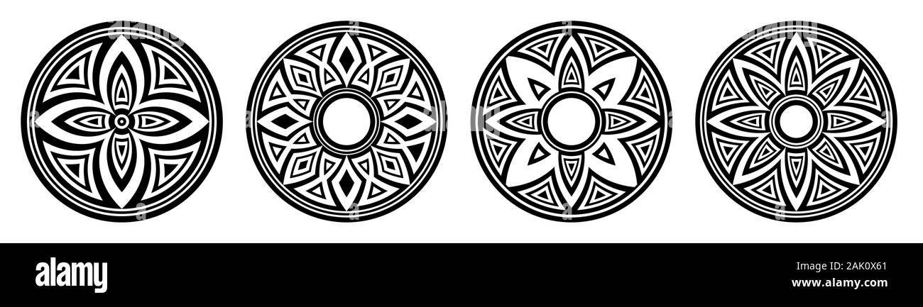 Satz von vier abstrakte runden Ornamente. Dekorative Muster auf weißem Hintergrund. Tribal ethnische Motive. Stilisierten Blumen. Schablone tattoo. Stock Vektor