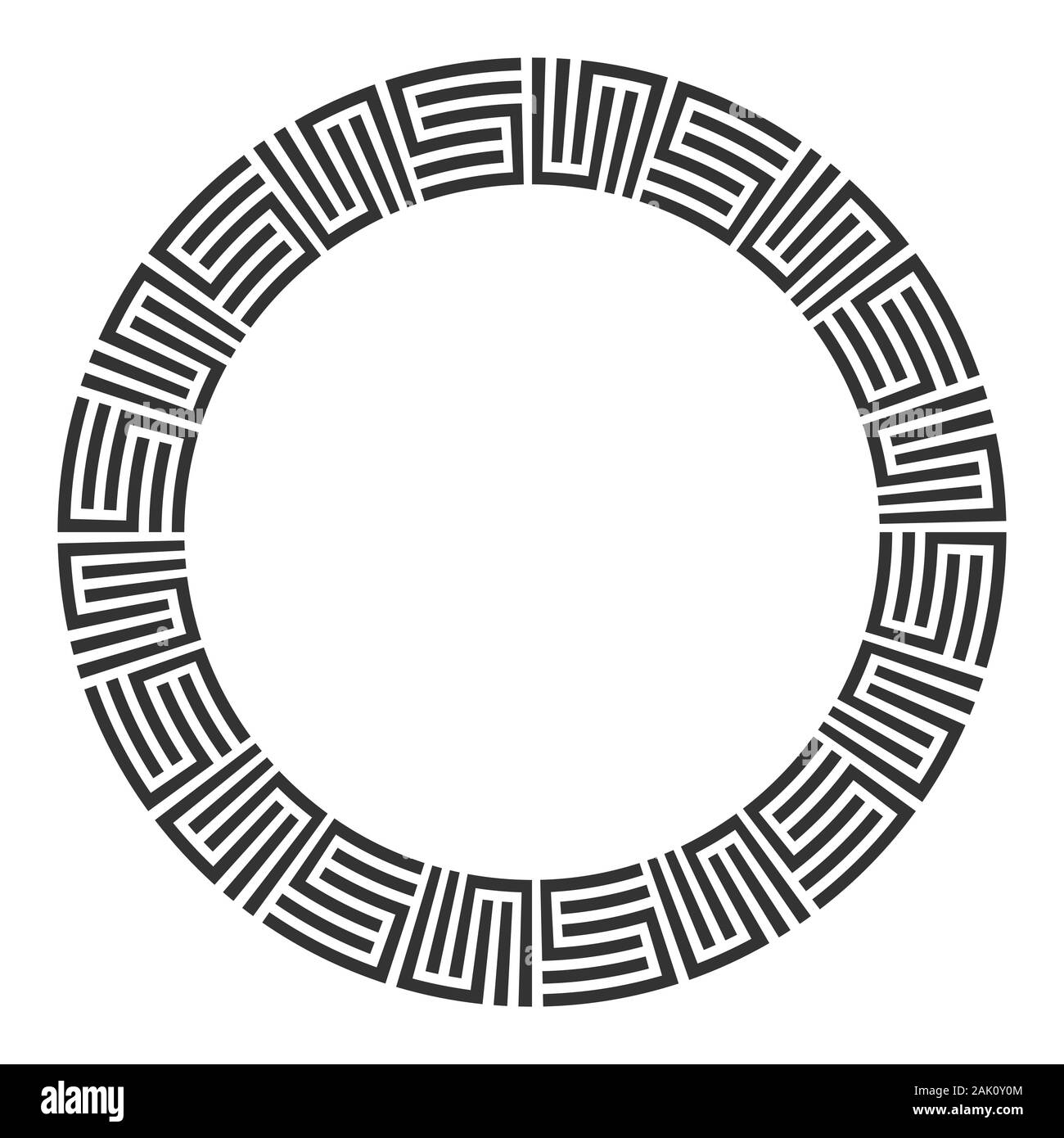 Abstrakte runde Meander, kreisförmigen Geometrisches Ornament, griechische Rahmen. Dekorative Muster auf weißem Hintergrund. Für Text platzieren. Vektor monochrom. Stock Vektor