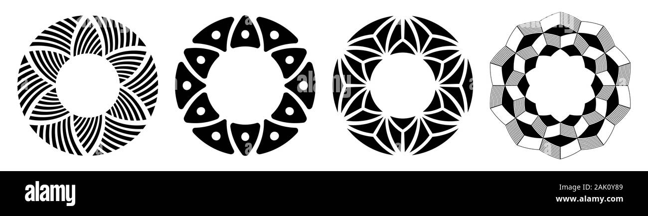 Satz von vier abstrakte runden Ornamente. Dekorative Muster auf weißem Hintergrund. Tribal ethnische Motive. Stilisierten Blumen. Schablone tattoo. Stock Vektor