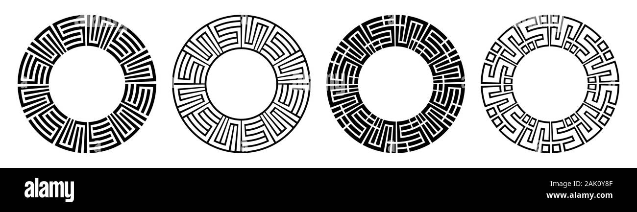 Satz von vier Runden geometrischen Ornamenten, abstrakte Runde schlängelt. Dekorative Muster auf weißem Hintergrund. Für Text platzieren. Vektor Schwarzweiß Stock Vektor