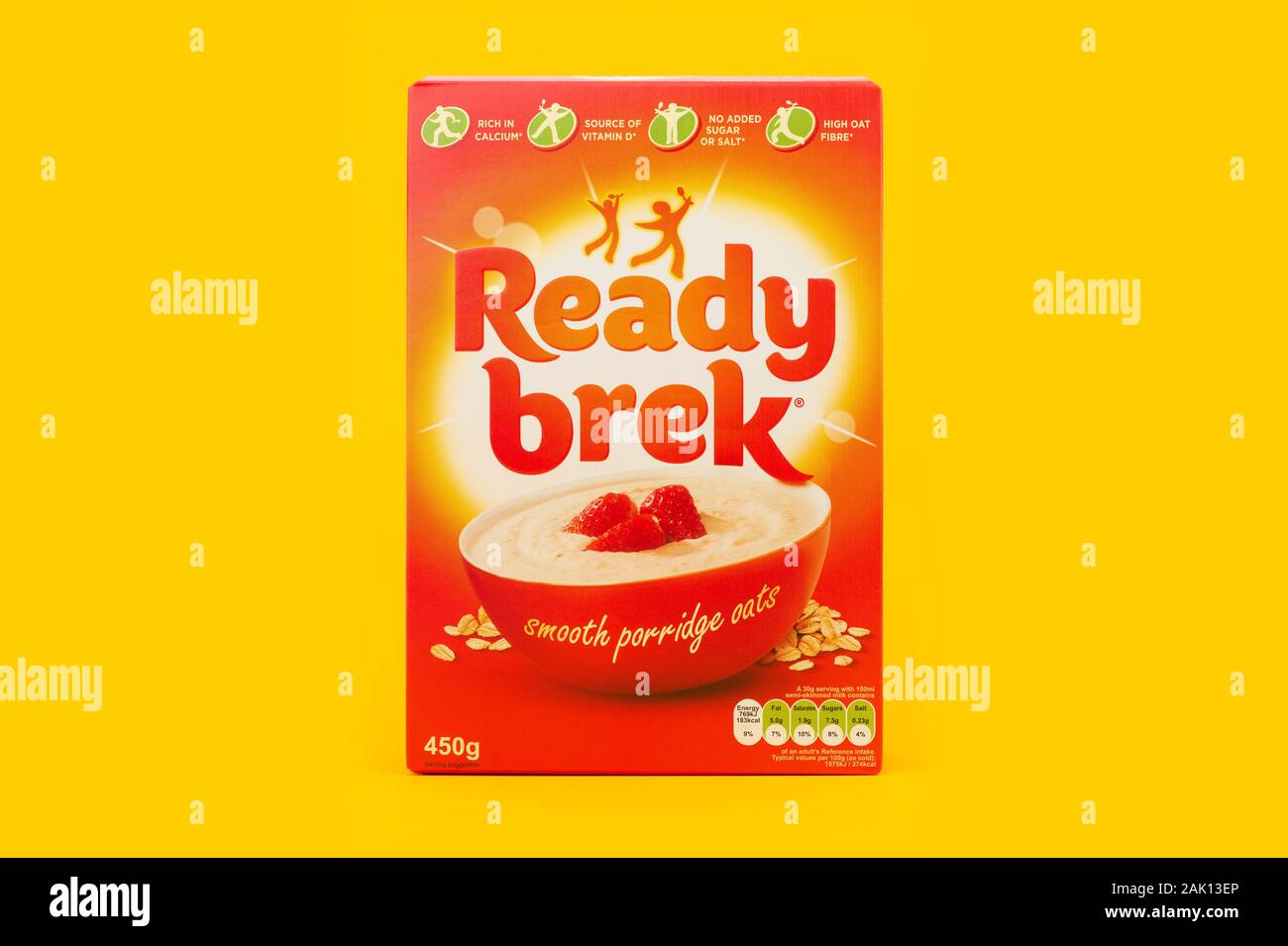 Eine Box von Ready Brek Müsli Schuß auf einen gelben Hintergrund. Stockfoto