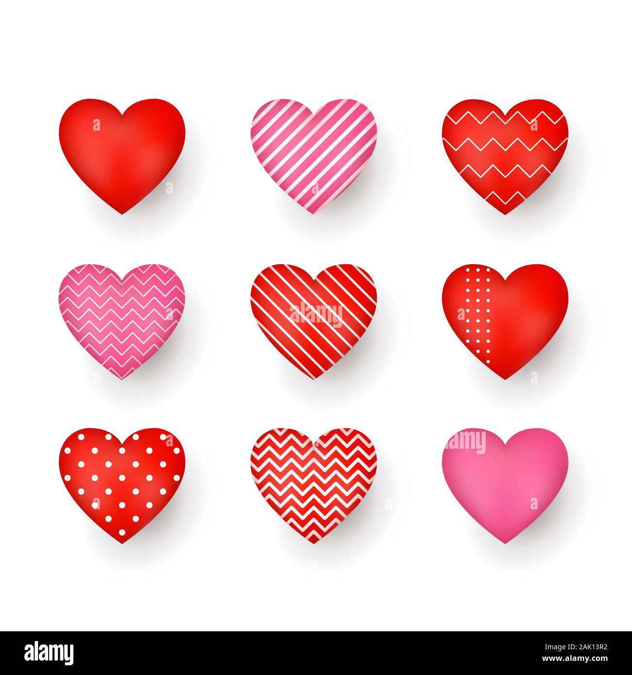 Rot und Pink dekorative Herzen mit Schatten. Abstrakte Dekorationselement. Stilisierte Herzen Sammlung für die Grußkarte oder anderen Vorlagen. Vecto Stock Vektor