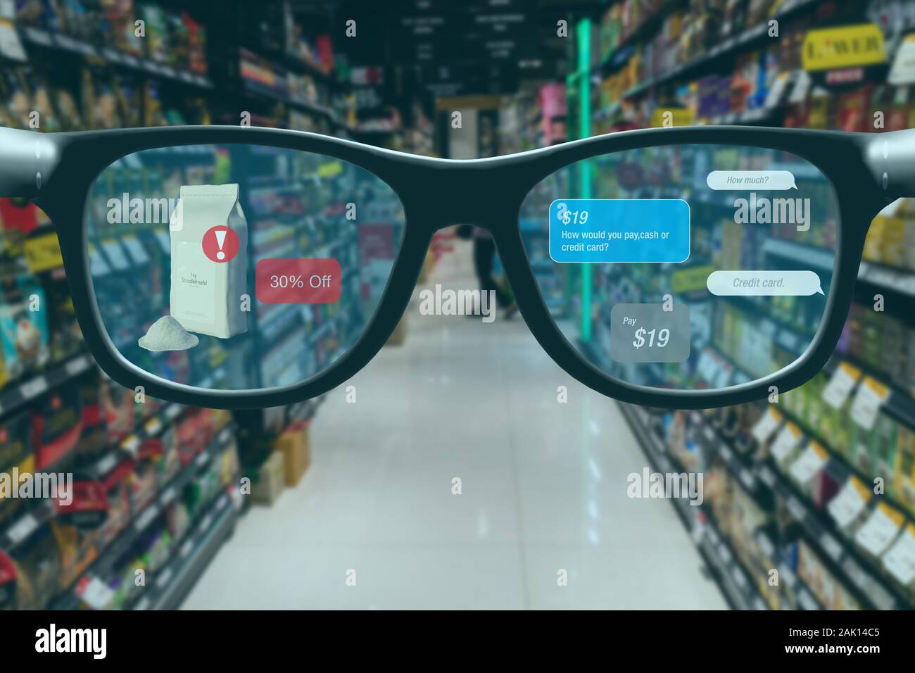 Smart retail Konzept kann der Kunde überprüfen, welche Daten in Echtzeit Einblicke in Regal Status, Bericht über eine intelligente Brille aus künstlicher Intellige Stockfoto
