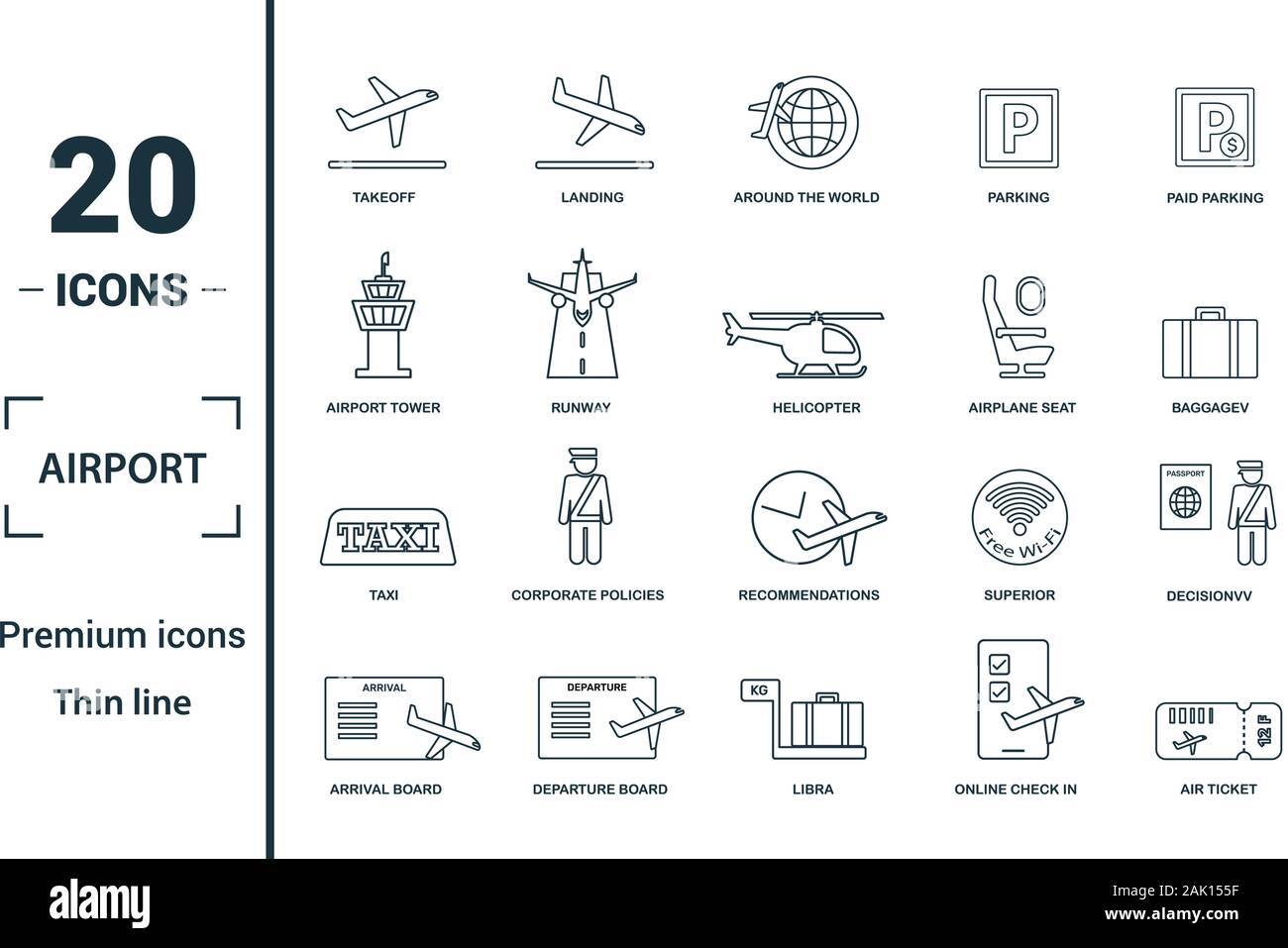 Airport Symbol gesetzt. Kreative Elemente Start gehören, rund um die Welt, Flughafen Tower, Sitz, taxi Symbole. Kann für den Bericht verwendet, Präsentation. Stock Vektor