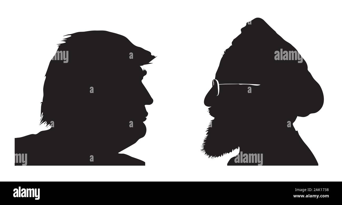 Donald Trump gegen Hassan Rouhani. Silhouetten der Führer der Vereinigten Staaten und dem Iran. Illustrativ für uns - Iran Spannungen. Stockfoto