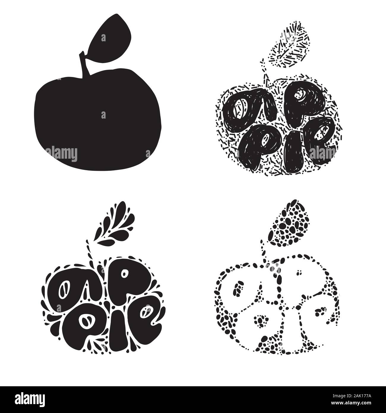 Apple Silhouette. Frisches Obst Typografie Vector Illustration, Handdrawn Schriftzug. Hand gezeichnet Font auf gesunden fruchtig Ernte apple Silhouette mit Stock Vektor