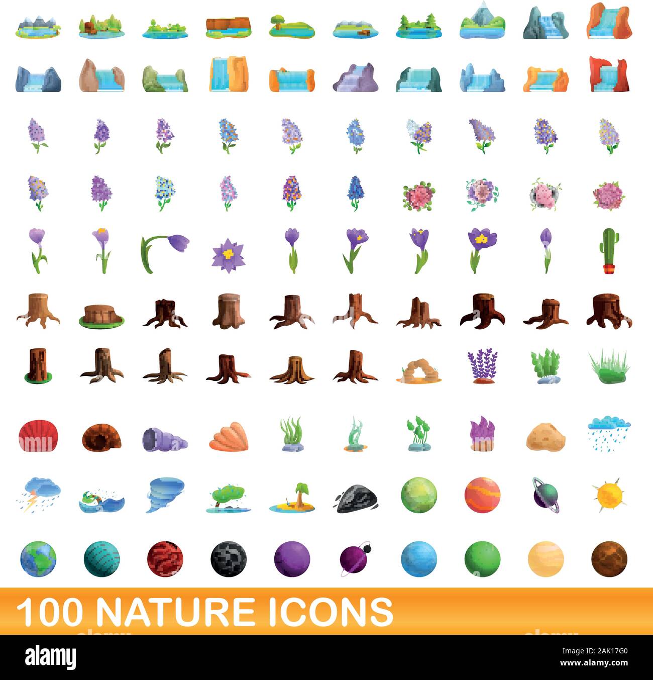 100 Natur Symbole gesetzt. Cartoon Illustration von 100 Natur Symbole Vektor auf weißem Hintergrund einstellen Stock Vektor