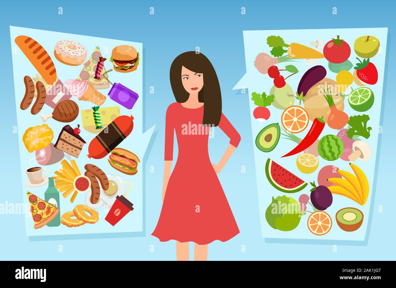 Vektor einer jungen Frau die Wahl zwischen gesunden und ungesunden Essen Stock Vektor