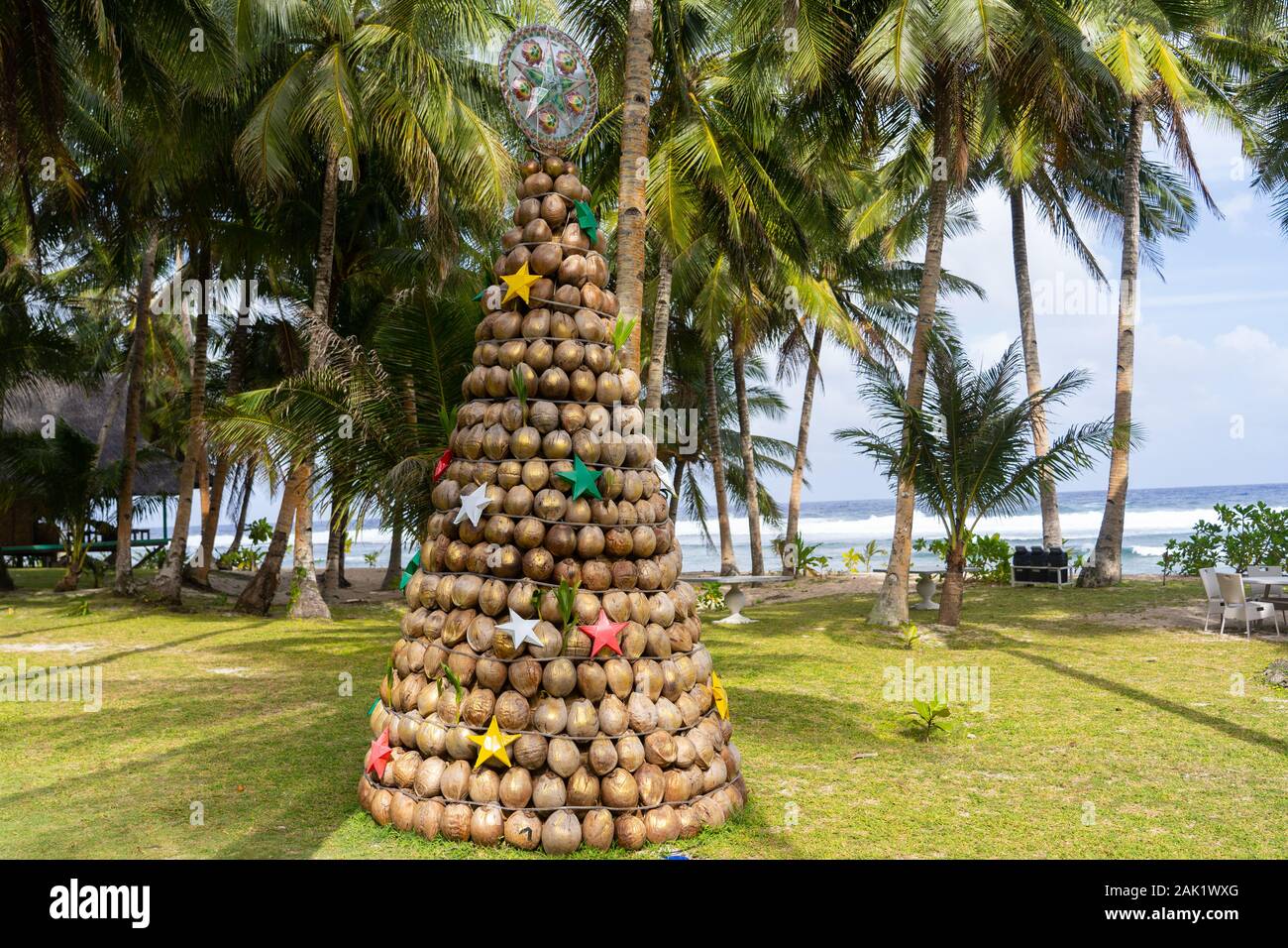 Bin improvisierte Weihnachtsbaum aus Kokosnüssen, Siargao Island, Philippinen Stockfoto