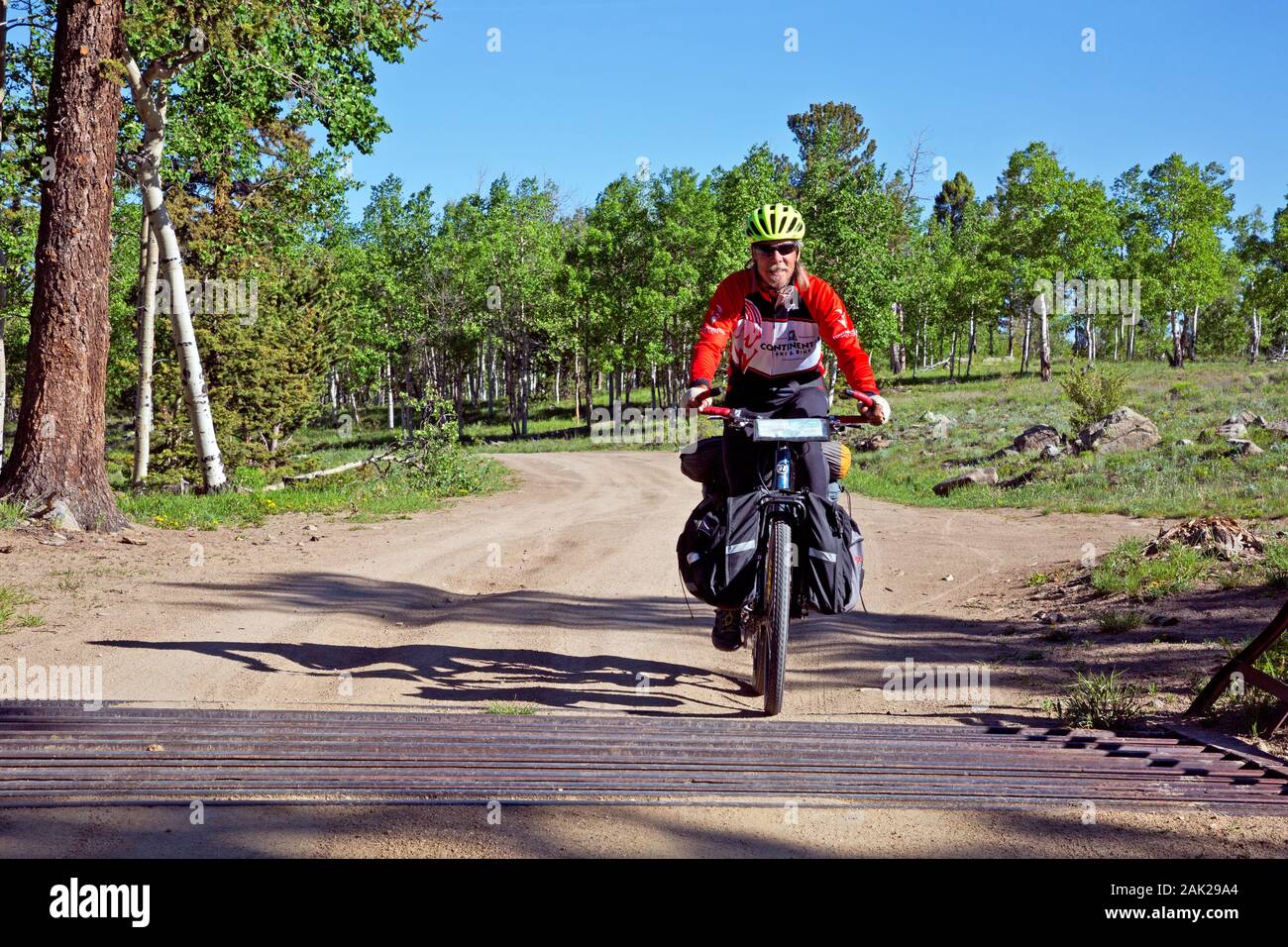 CO 00181-00... COLORADO - Radfahrer Vorbereitung zu einem der Hunderte von Rindern Wachen entlang der Great Divide Mountain Bike Route. Dieses Vieh Guard Stockfoto