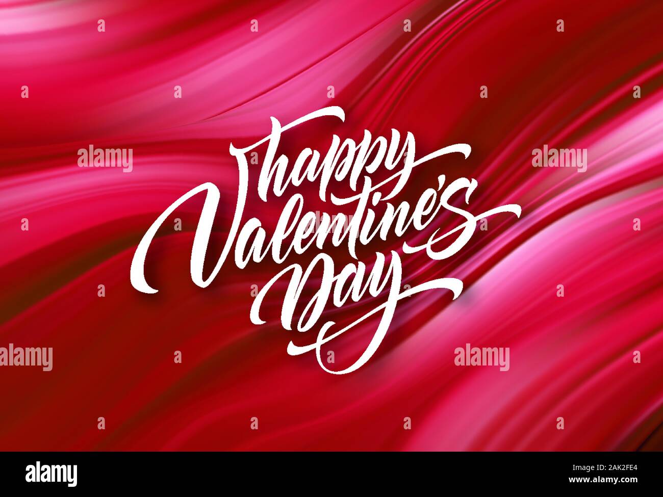 Weiß Kalligraphie Schriftzug Happy Valentines Tag auf einem roten Hintergrund fließende Flüssigkeit. Konzept für Valentinstag Grüße. Vector Illustration. Vektor i Stock Vektor