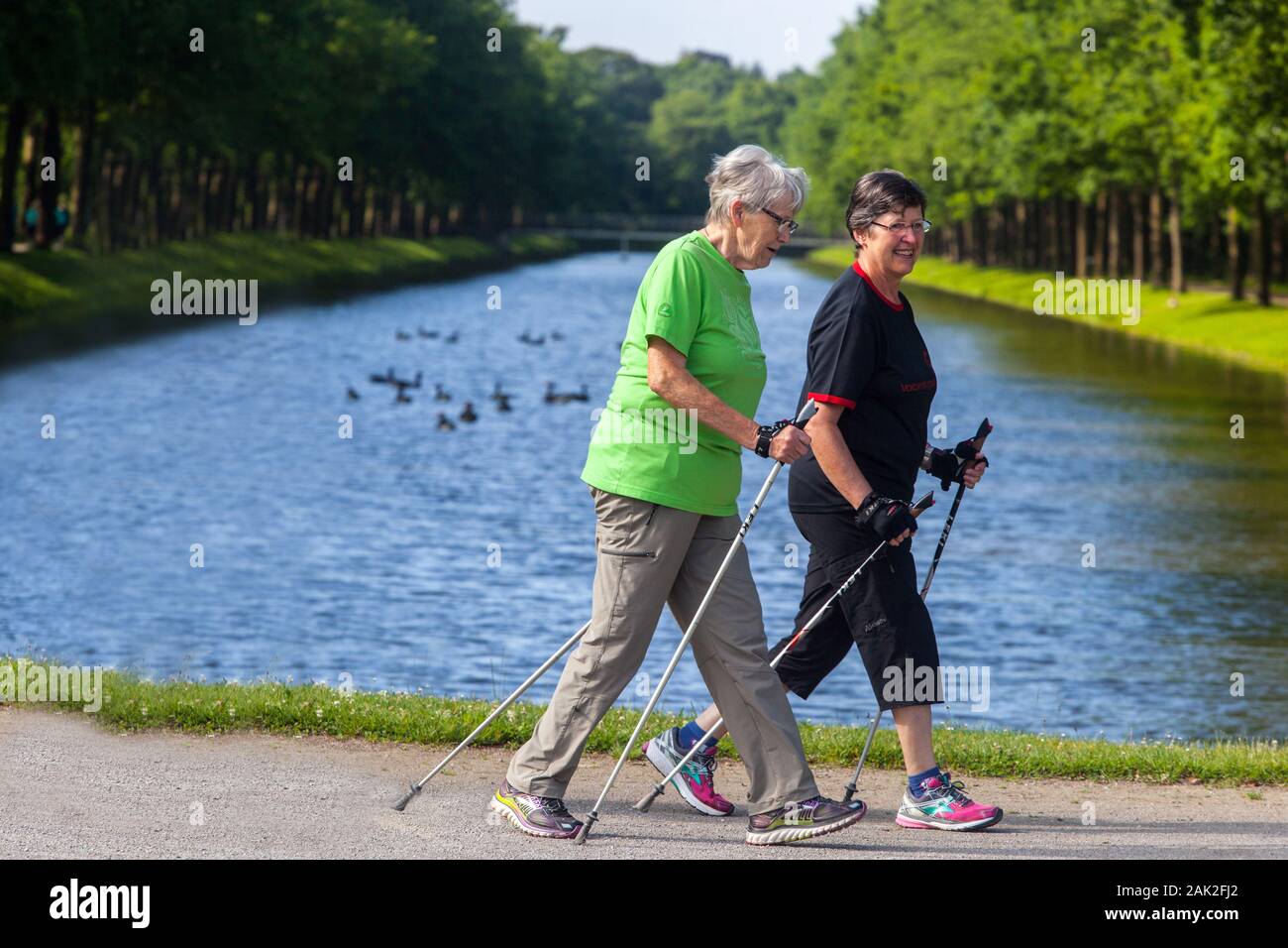 Zwei deutsche Seniorinnen genießen Nordic Walking im Kasseler Stadtpark Deutschland Seniorentraining Stockfoto
