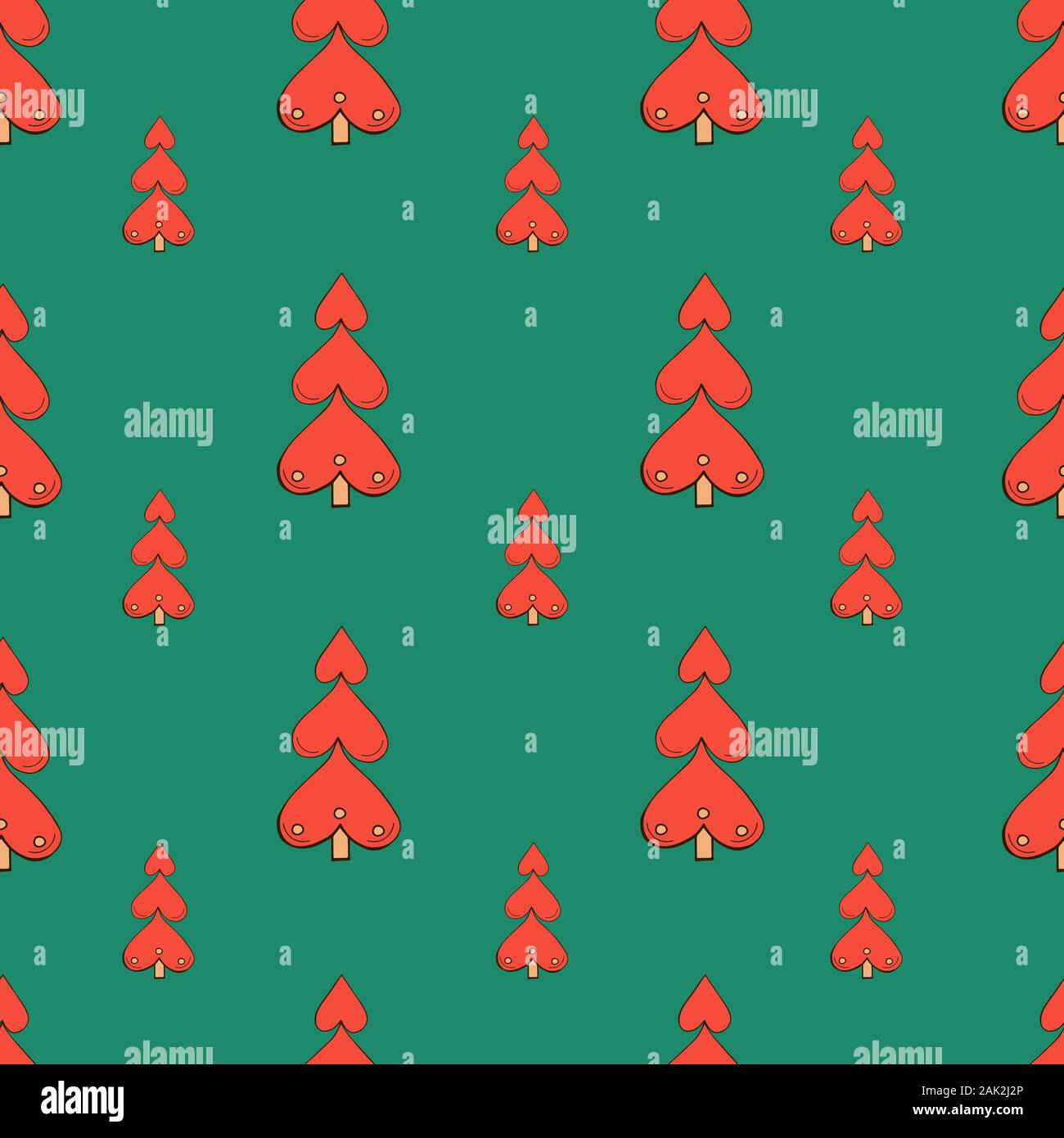 Vektor nahtlose Muster mit handgezeichneten Weihnachtsbäumen von Herzen isoliert auf grünem Hintergrund. Endlose Textur. Geschenkpapier, positiv Stoff Stock Vektor
