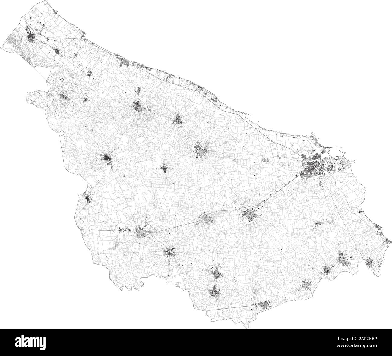 Sat-Karte der Provinz Brindisi Städte und Straßen, Gebäude und Straßen der Umgebung. Region Apulien, Italien. Karte Straßen, Ring Road Stock Vektor