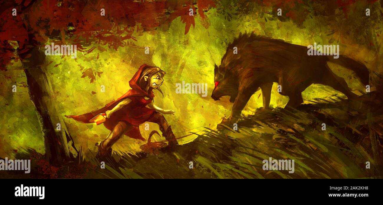 Rotkäppchen im Kampf mit einem Wolf im Wald , Farbe Malerei Stockfoto