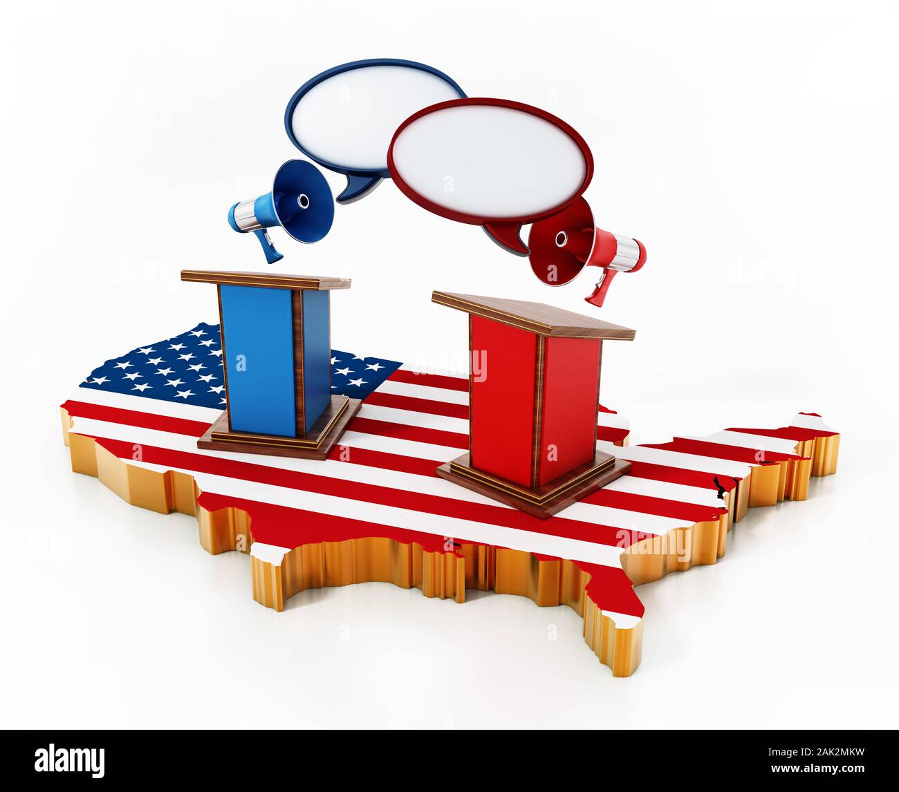 Blau und Rot Rednerpulte stehend auf USA-Karte. 3D-Darstellung. Stockfoto