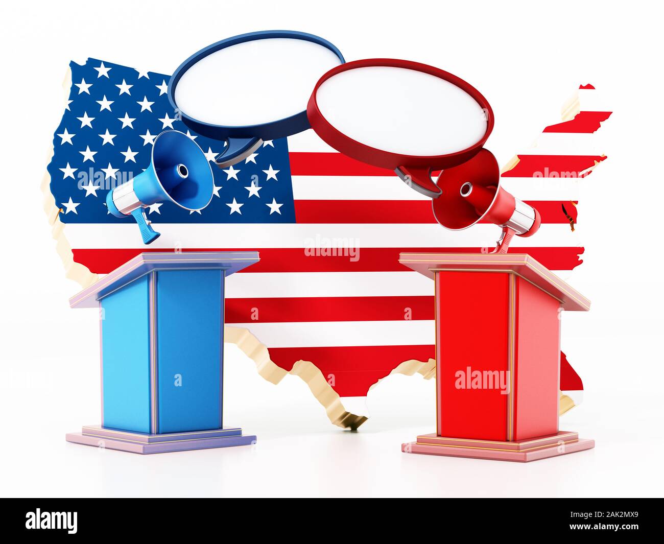 Blau und Rot Rednerpulte mit USA-Karte. 3D-Darstellung. Stockfoto