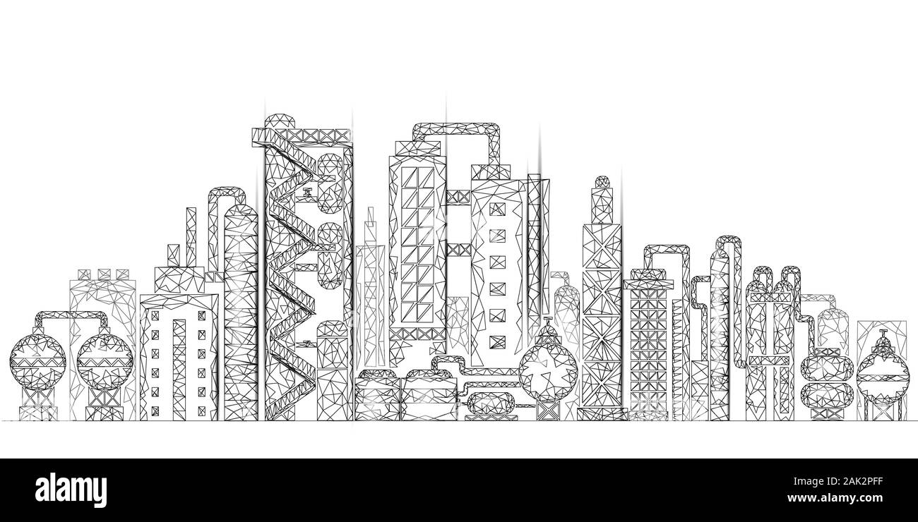 Erdöl Raffinerie komplexe Low Poly Geschäftskonzept. Finanzen Wirtschaft polygonalen petrochemische Produktionsanlage. Erdöl Kraftstoff Industrie nachgelagerten Stock Vektor