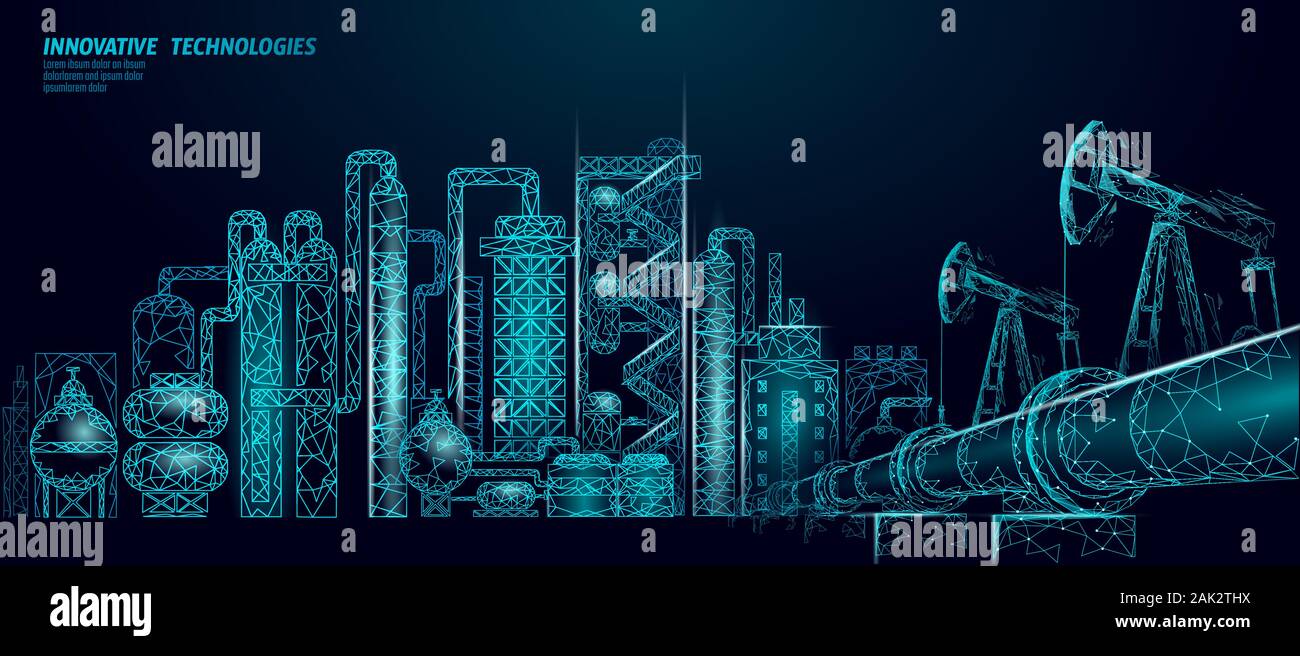Erdöl Raffinerie komplexe Low Poly Geschäftskonzept. Finanzen Wirtschaft polygonalen petrochemische Produktionsanlage. Die Industrie wird Erdöl Kraftstoff Stock Vektor